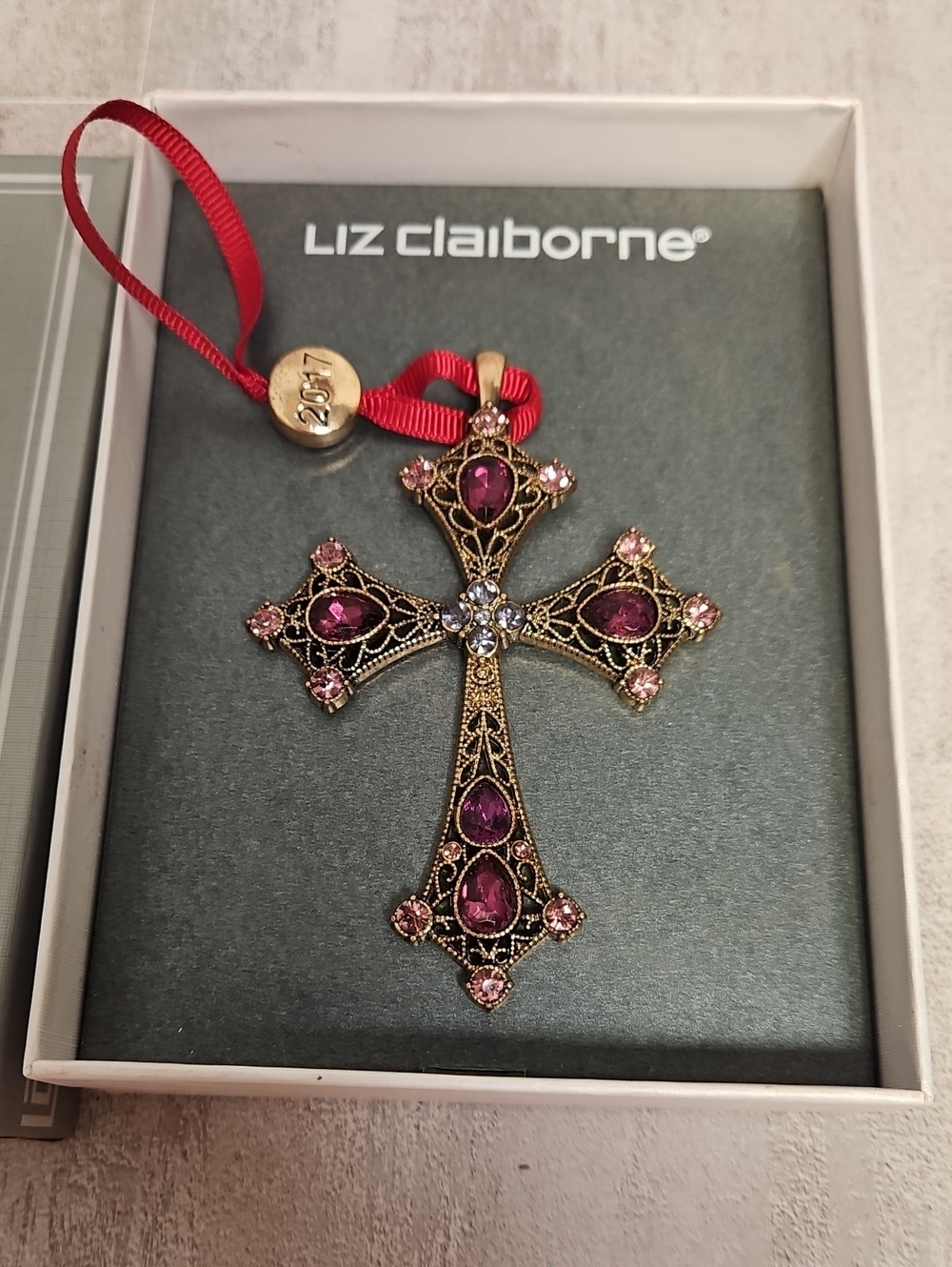Liz Claiborne 2017 Jeweled Brass Filigree Cross Holiday Ornament NIB